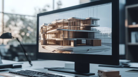 A computer screen displays a detailed 3D architecture design in a modern workspace. The scene captures creativity and technology in a professional environment.の素材