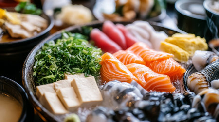 A beautifully arranged sushi platter featuring fresh salmon, tuna, and assorted seafood garnished with vibrant herbs and vegetables. Perfect for culinary delights.の素材
