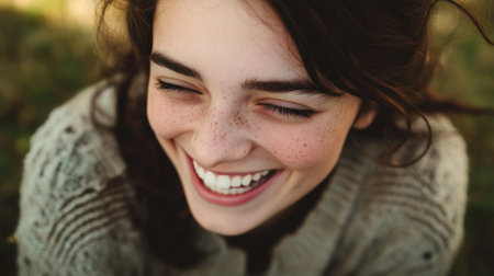 A joyful young woman with freckles laughs genuinely in a serene outdoor setting, exuding happiness and warmth with natural sunlight enhancing her beauty.の素材