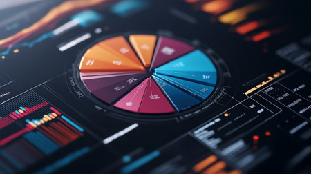 This vibrant data visualization portrays various analytics on a dark background, highlighting insights through colorful graphs, charts, and diagrams.の素材