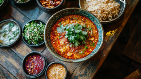 A vibrant bowl of spicy dish garnished with fresh herbs and surrounded by various toppings. Perfect for showcasing culinary culture and flavors.の素材