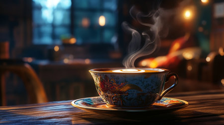 A beautifully crafted tea cup releases gentle steam in a cozy, softly lit environment, inviting relaxation and calmness. A perfect moment to savor.の素材