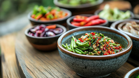 A vibrant display of fresh vegetables and herbs in bowls, set on a wooden table, perfect for showcasing healthy cooking and colorful cuisine.の素材