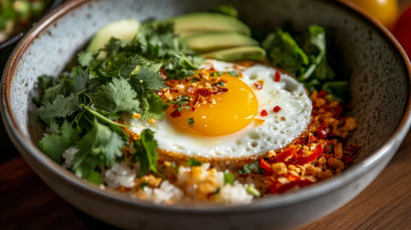 A vibrant bowl featuring rice, a fried egg, fresh vegetables, and spices, perfect for a healthy meal or a delicious brunch option. Enjoy the flavors!の素材
