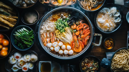 Delight in a colorful Asian hot pot filled with fresh seafood and vibrant ingredients, perfect for sharing and enjoying a warm, flavorful meal.の素材