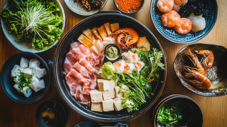 A vibrant assortment of fresh seafood, vegetables, and herbs arranged beautifully in a bowl, perfect for a gourmet dining experience or flavorful meal preparation.の素材