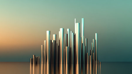 This stunning abstract image features a metallic cityscape reflecting soft sunrise rays. Ideal for showcasing modern design, tranquility, and artistic exploration.の素材