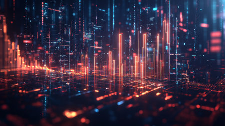 A stunning 3D visualization of data in an abstract digital space, showcasing vibrant lights and intricate patterns that represent technology and information flow.の素材