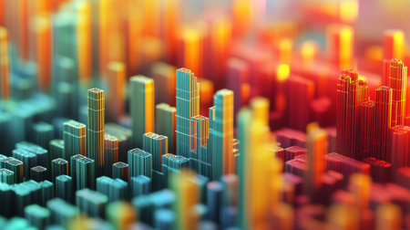 This vibrant 3D representation showcases an abstract cityscape with a unique blend of colors, structures, and geometric shapes, ideal for digital design.の素材