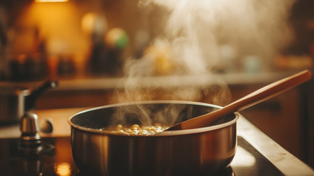 A cozy kitchen scene featuring a pot on the stove with steam rising, evoking warmth and the joy of home cooking. Perfect for culinary themes.の素材