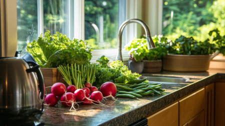 A kitchen counter displaying fresh vegetables under natural light. The image features vibrant radishes, greens, and lettuce, perfect for cooking healthy dishes.の素材