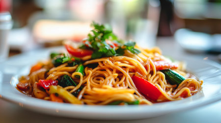 Vibrant stir-fry noodles topped with fresh vegetables and herbs. This delicious dish showcases colorful ingredients, perfect for a satisfying meal.の素材