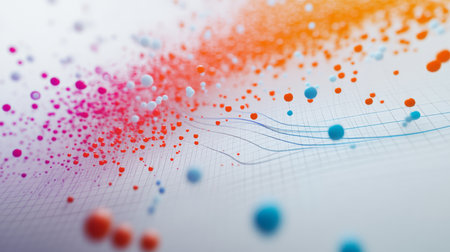 Vibrant abstract composition of colorful dots and flowing lines against a soft background, perfect for technology, design, or art projects.の素材
