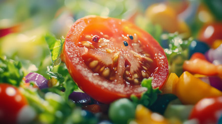 A close-up view of a fresh tomato slice surrounded by a vibrant mix of colorful vegetables. Perfect for illustrating healthy eating and organic cooking.の素材