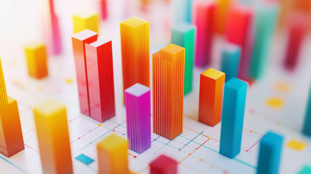 Vibrant and colorful 3D bar graphs represent data visualization. Ideal for business, finance, and analytics concepts, this image enhances reports and presentations.の素材