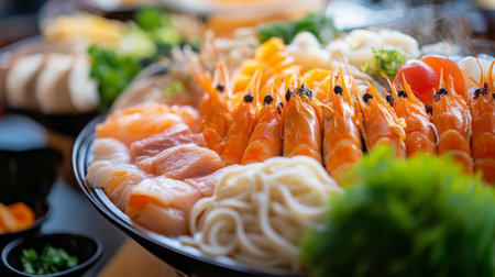 A vibrant seafood platter featuring shrimp, sushi, sashimi, and noodles. Perfect for gourmet dining or special events, showcasing fresh and delicious flavors.の素材