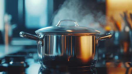 A stainless steel cooking pot sits on a stovetop, releasing steam. This image captures the essence of culinary preparation in a modern kitchen setting.の素材