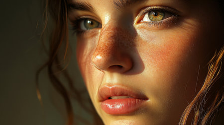 A stunning close-up portrait of a young woman showcasing her glowing skin and freckles, illuminated by soft natural light that enhances her expressive gaze.の素材