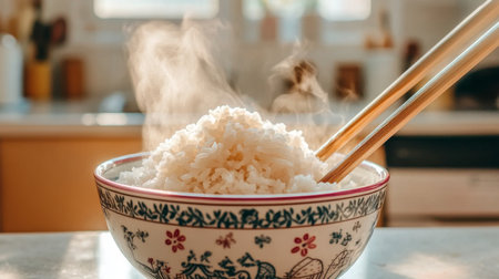 A steaming bowl of white rice served with chopsticks, showcasing warmth and comfort, perfect for culinary scenes in kitchens or dining settings.の素材