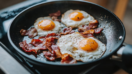 A closeup view of sizzling bacon and sunny-side-up eggs in a frying pan, capturing a delicious breakfast scene perfect for food lovers.の素材