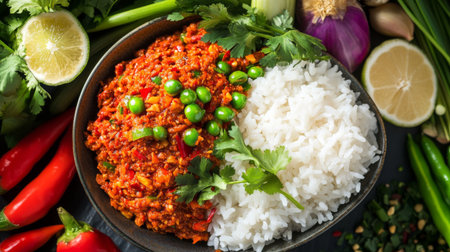 A vibrant bowl featuring spicy rice paired with fresh vegetables. Ideal for showcasing healthy cuisine, this dish is both colorful and appetizing.の素材
