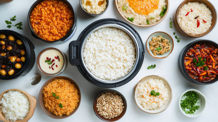An appealing assortment of rice dishes served in various bowls, showcasing diverse flavors and textures for any mealtime occasion.の素材