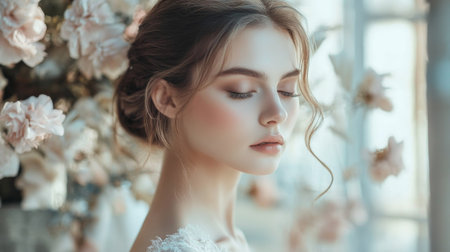 This elegant portrait captures a woman against a soft floral backdrop, exuding beauty and serenity, perfect for lifestyle and beauty concepts.の素材