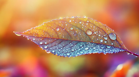 A close-up of a dew-covered leaf showcasing vibrant colors and water droplets, capturing the essence of nature's beauty and freshness in an outdoor setting.の素材