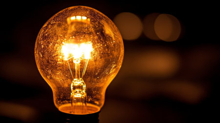 A warm, glowing light bulb creates a cozy ambiance against a dark background. The classic design highlights the beauty of vintage lighting.の素材