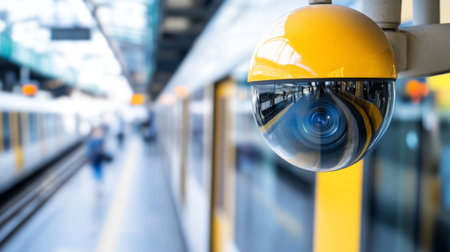 This image features a yellow security camera mounted at a train station platform, symbolizing urban surveillance and safety in public transport areas.の素材