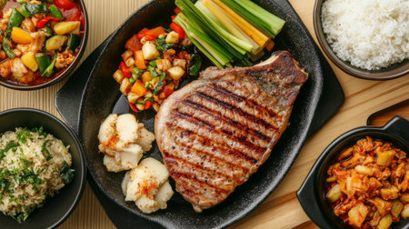 Enjoy a mouthwatering grilled steak served with colorful vegetables and rice, showcasing a delightful culinary experience perfect for any dinner gathering.の素材