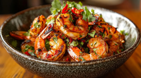 This vibrant bowl features beautifully grilled shrimp, seasoned with herbs and spices, offering a tempting and flavorful seafood dish, perfect for any meal.の素材