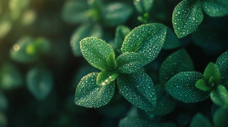 Close-up of fresh green leaves adorned with tiny water droplets, showcasing the beauty of nature. Perfect for themes of growth, rejuvenation, and tranquility.の素材
