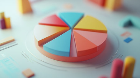 A vibrant pie chart surrounded by geometric shapes representing data analysis and visualization. Ideal for business presentations and educational purposes.の素材