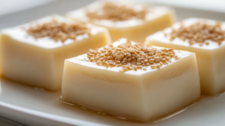 A delectable creamy dessert topped with crunchy sesame seeds, elegantly presented on a white plate. Perfect for satisfying sweet cravings or special occasions.の素材