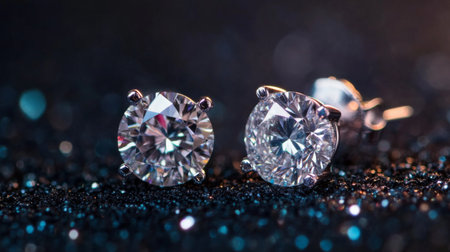 Stunning diamond stud earrings sparkle against a glittering backdrop. These elegant pieces bring luxury and style, perfect for special occasions.の素材