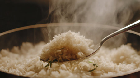A close-up shot of steaming white rice served in a bowl with a spoon. The warm and aromatic dish highlights the perfect texture and freshness, ideal for any meal.の素材