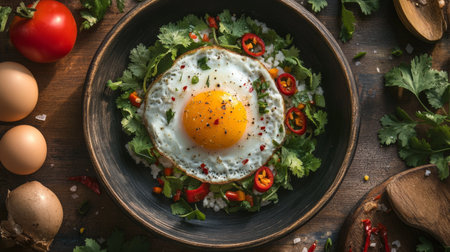 A vibrant salad bowl featuring a fried egg, fresh greens, and slices of chili pepper. Perfect for healthy meals and culinary inspirations.の素材