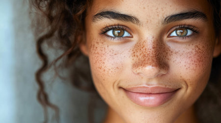 A captivating portrait of a young woman with curly hair and freckles, showcasing a genuine smile and lively eyes that exude warmth and charm.の素材