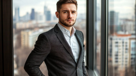 A confident young man in a stylish suit stands by a window with a cityscape in the background, embodying professionalism and modern elegance in a corporate environment.の素材