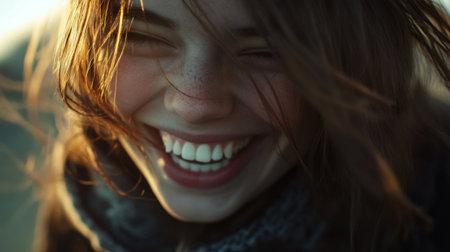 A joyful woman beams with a bright smile in natural light, radiating happiness and carefree emotions. Her laughter captures the essence of joy.の素材