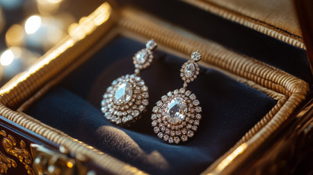 Stunning diamond earrings displayed in a luxurious jewelry box, showcasing intricate design and brilliance, perfect for special occasions or gifts.の素材