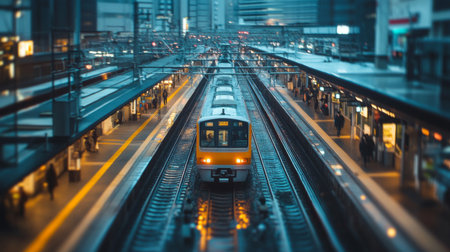 A vibrant urban train scene captures the hustle of evening rush hour at a busy station, highlighting the dynamic interplay of light and movement in city life.の素材