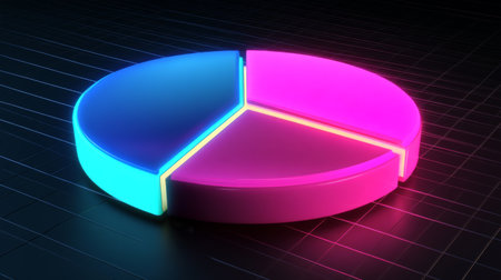 A vibrant neon pie chart displaying data visualization with bright light effects. This modern graphic represents statistics and trends for presentations.の素材