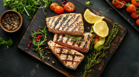 Savory grilled fish fillets served with fresh herbs, tomatoes, and lemon slices. Perfect for a healthy meal or gourmet dining experience.の素材
