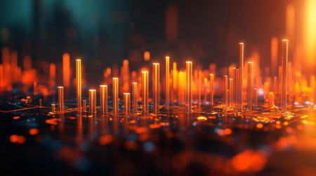 Vibrant abstract representation of data visualization featuring glowing neon lines and geometric patterns, perfect for technology and digital themes.の素材