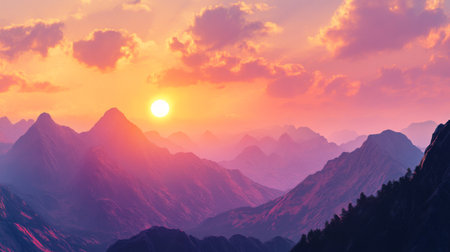 A breathtaking sunset illuminates a majestic mountain range, showcasing vibrant colors and serene landscapes that evoke a sense of tranquility and beauty.の素材