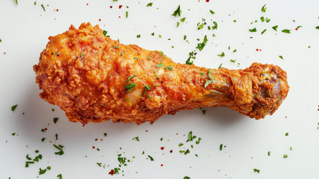 A deliciously crispy fried chicken drumstick garnished with fresh herbs, perfect for a flavorful meal or snack. Ideal for food enthusiasts and culinary lovers.の素材