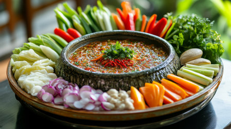 A vibrant display of fresh vegetables arranged around a flavorful dipping sauce, perfect for healthy meals, salads, or festive gatherings.の素材