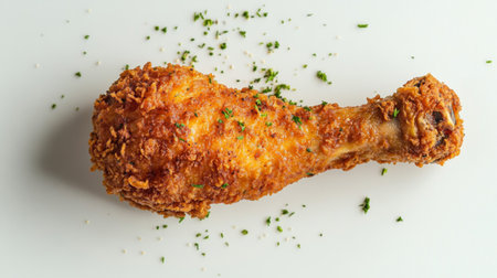 A mouthwatering crispy fried chicken drumstick resting on a white plate, garnished with herbs. Perfect for meal inspiration or food photography.の素材